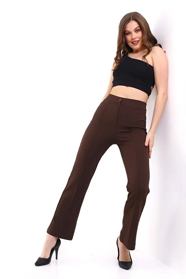 Kadın Önden Dikişli Likralı Kumaş Pantolon 1976 M - KAHVERENGİ