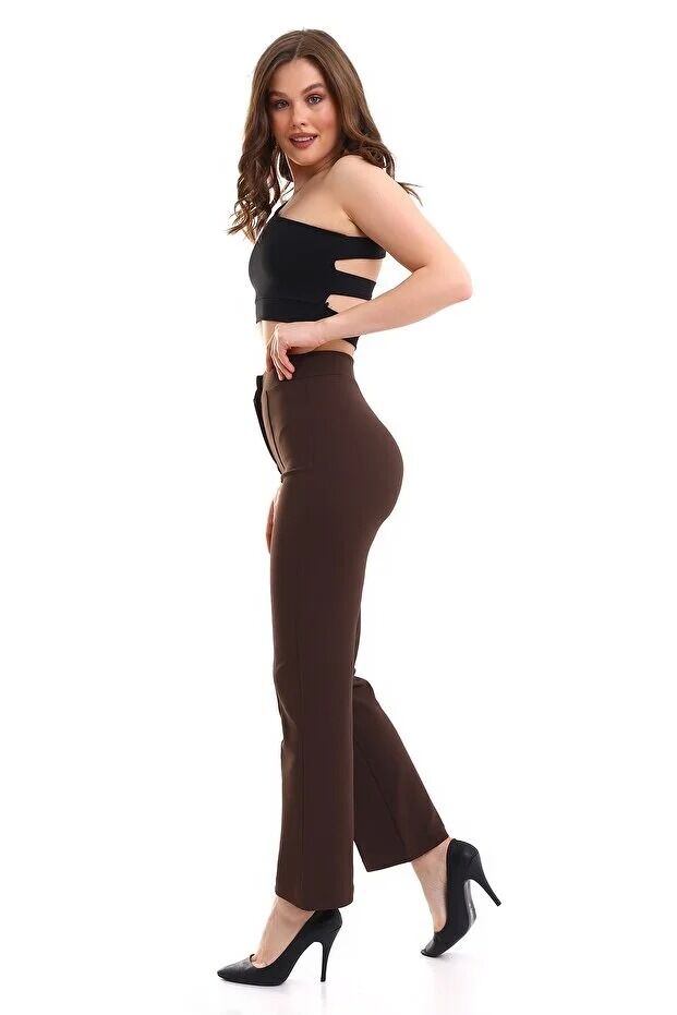 Kadın Önden Dikişli Likralı Kumaş Pantolon 1976 M - KAHVERENGİ