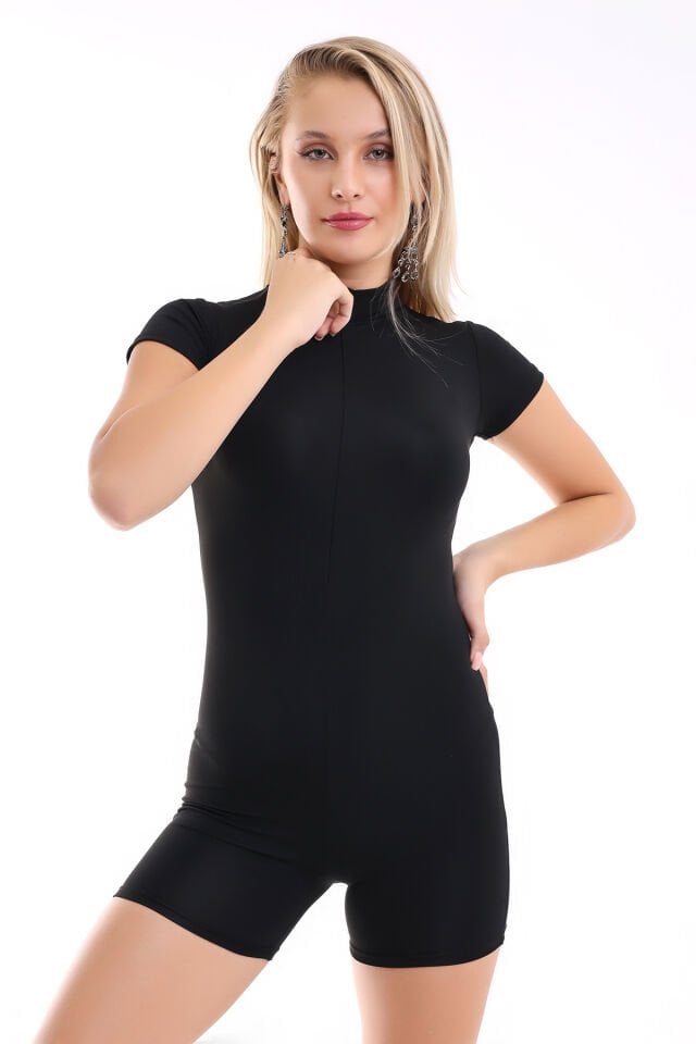 Kadın Mini Fermuarlı Şort Tulum SİYAH WM 3XL