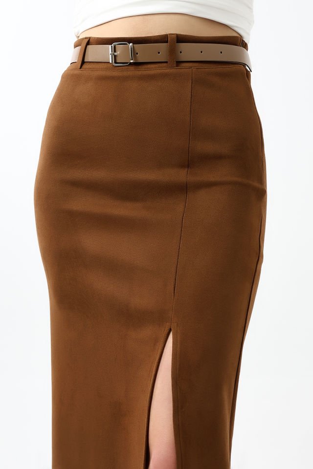 SÜET ETEK MAXİ BOY 92 CM ÖN YIRTMAÇLI /FRONT Slit MAXI LONG SUEDE SKIRT XL - KOYU KAHVERENGİ