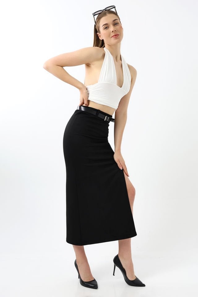 Kadın 92cm Ön Yıtmaçlı  Maxi Boy Süet Etek XS - SİYAH