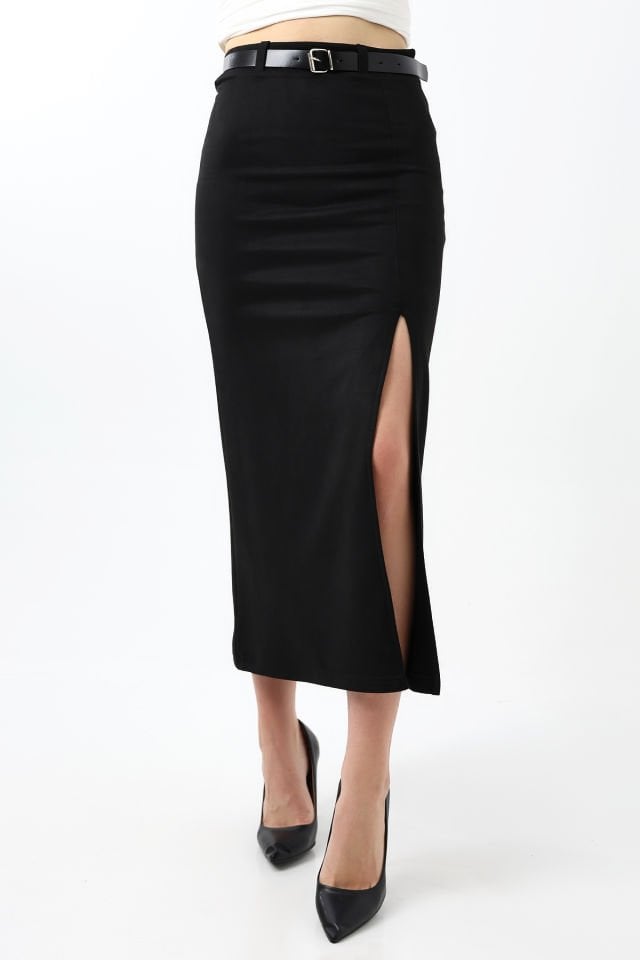 Kadın 92cm Ön Yıtmaçlı  Maxi Boy Süet Etek XS - SİYAH