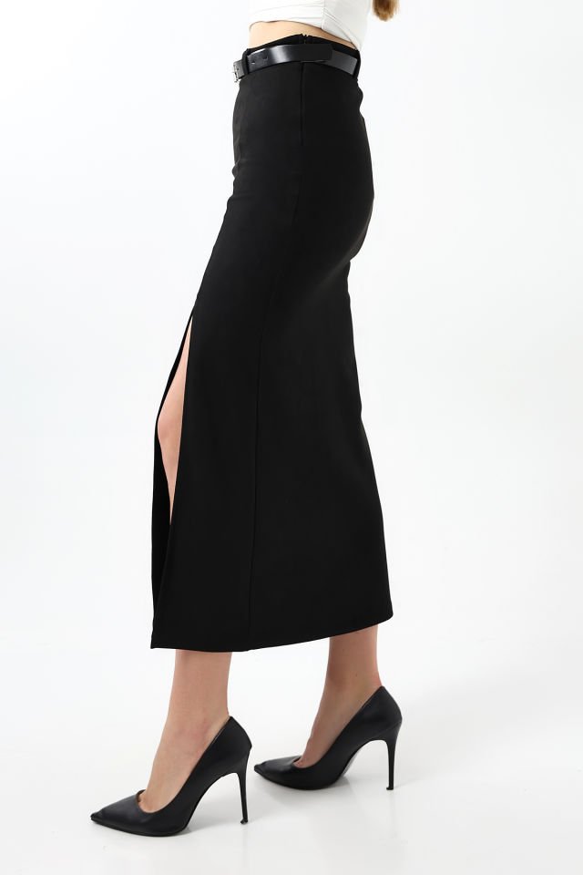 SÜET ETEK MAXİ BOY 92 CM ÖN YIRTMAÇLI /FRONT Slit MAXI LONG SUEDE SKIRT M - SİYAH