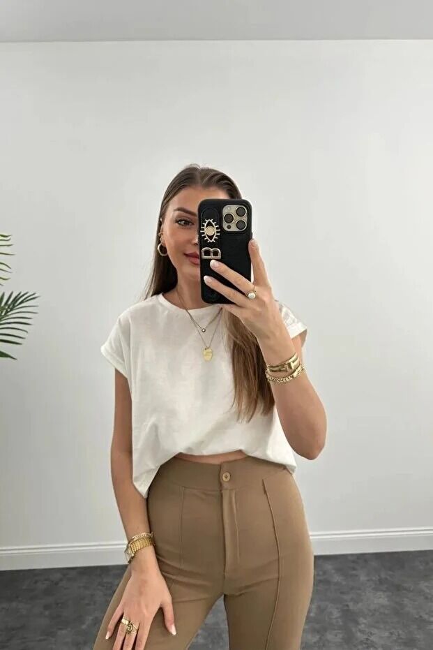 Kadın Önden Dikişli Likralı Kumaş Pantolon 1976 M - BEJ