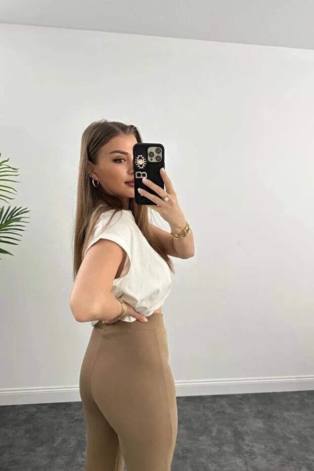 Kadın Önden Dikişli Likralı Kumaş Pantolon 1976 M - BEJ