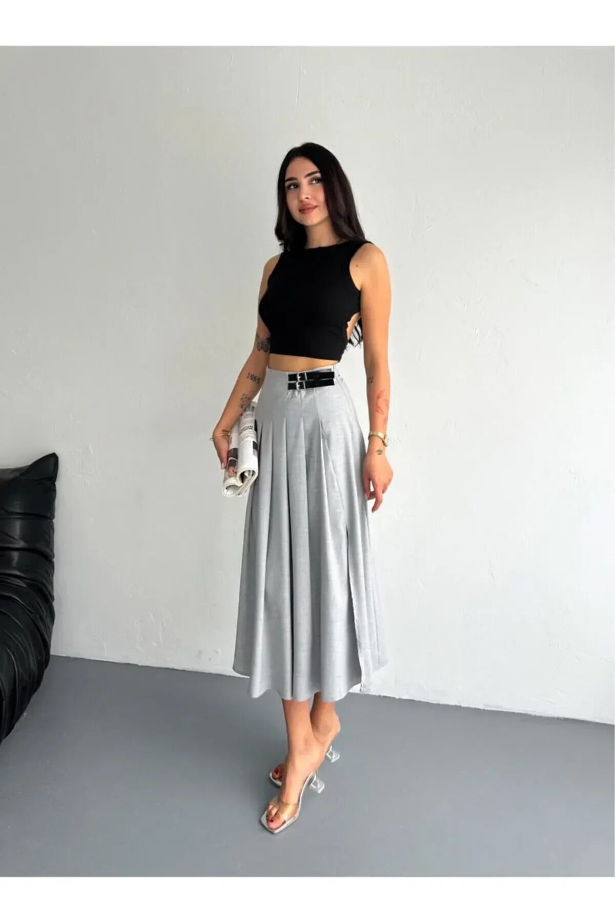 Kadın Tokalı ve Yırtmaçlı Pileli Uzun Maxi Etek 2466