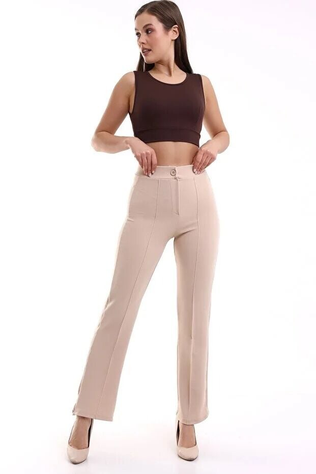 Ön Dikişli Palazzo Likralı Kumaş Pantolon XS - EKRU