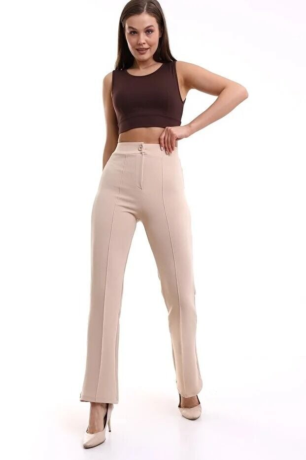 Ön Dikişli Palazzo Likralı Kumaş Pantolon XS - EKRU