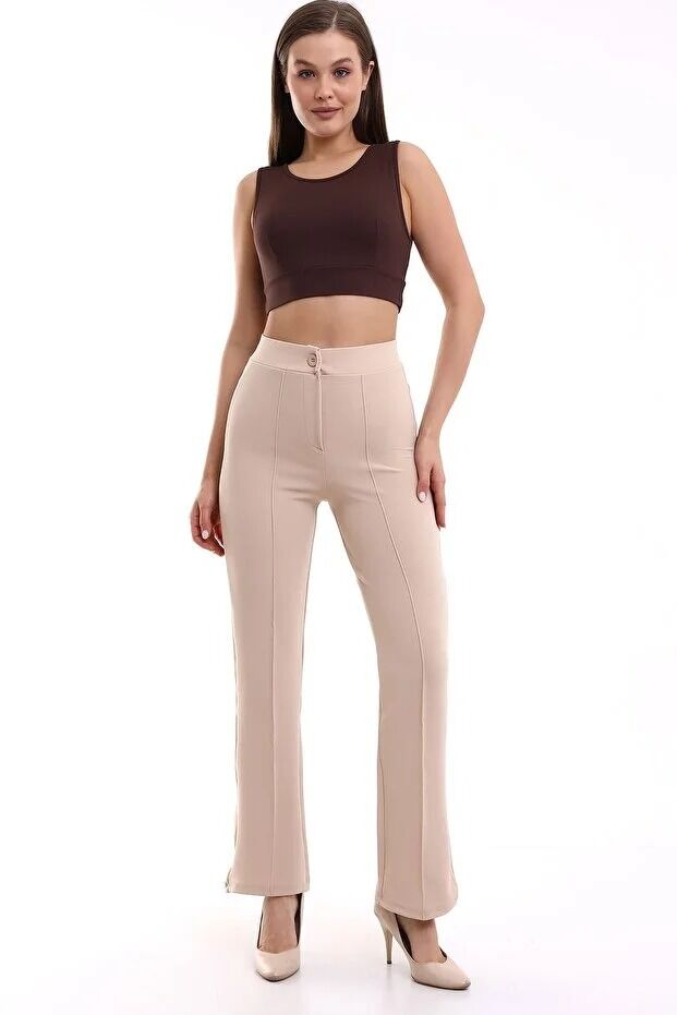 Kadın Önden Dikişli Likralı Kumaş Pantolon 1976 S - EKRU