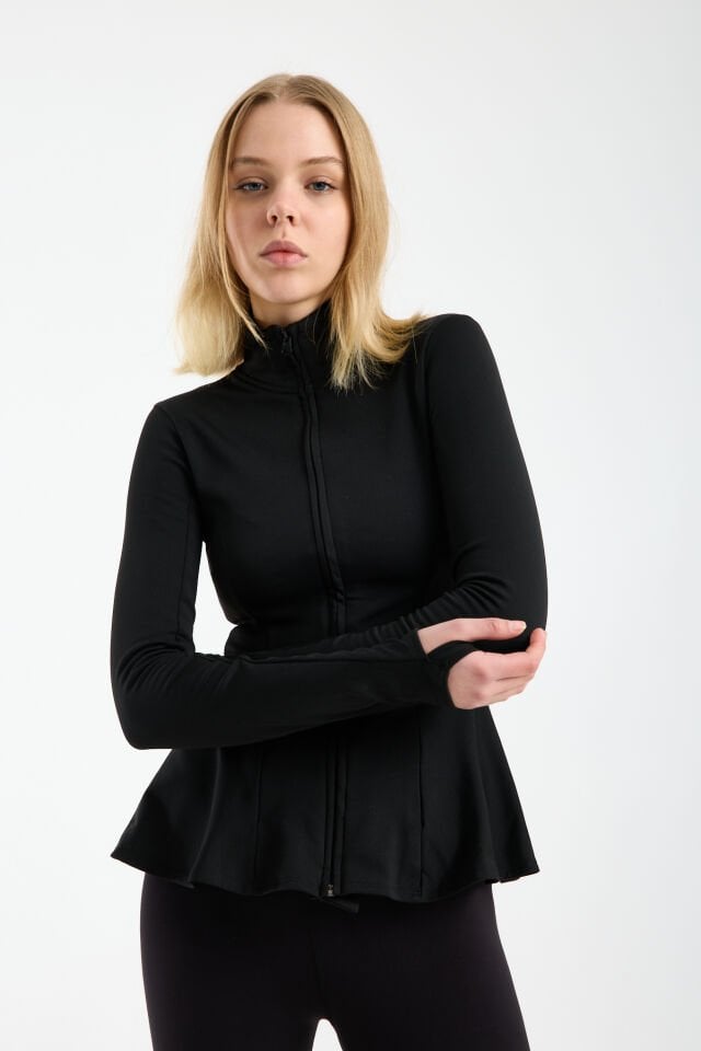 Kadın Kışlık Şardonlu Fermuarlı Dalgıç Kumaş Volanlı Spor Ceket 2XL - SİYAH