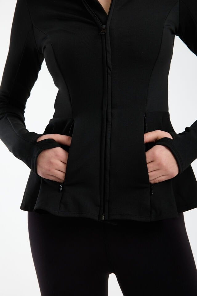 Kadın Kışlık Şardonlu Fermuarlı Dalgıç Kumaş Volanlı Spor Ceket 2XL - SİYAH