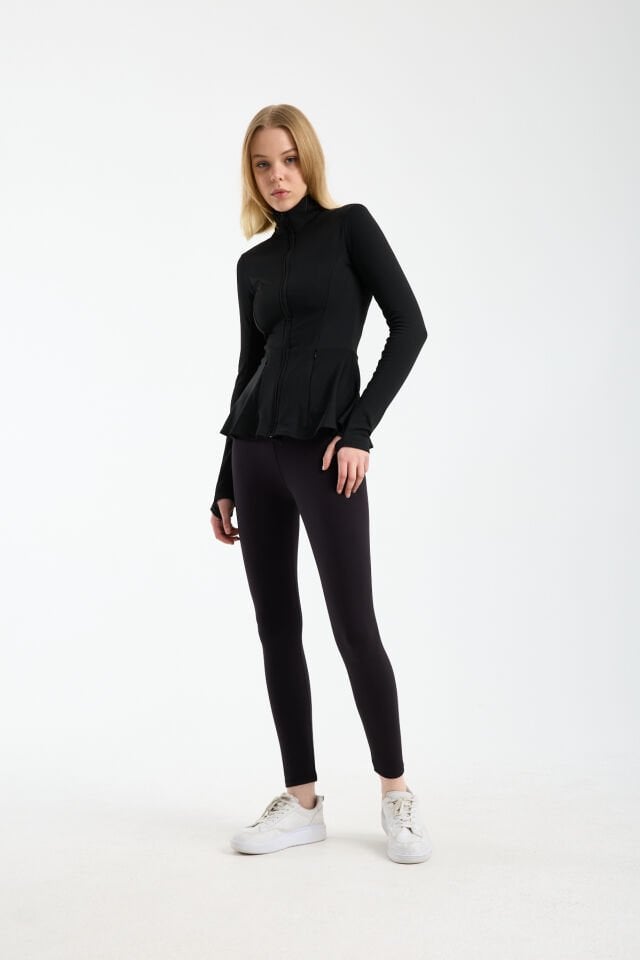 Kadın Kışlık Şardonlu Fermuarlı Dalgıç Kumaş Volanlı Spor Ceket 2XL - SİYAH