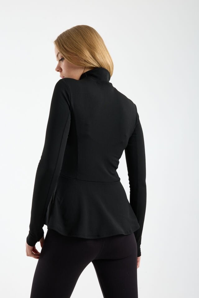 Kadın Kışlık Şardonlu Fermuarlı Dalgıç Kumaş Volanlı Spor Ceket 2XL - SİYAH