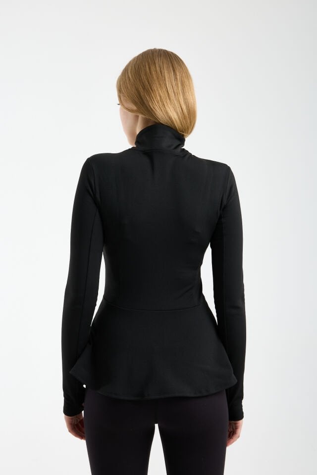 Kadın Kışlık Şardonlu Fermuarlı Dalgıç Kumaş Volanlı Spor Ceket 2XL - SİYAH