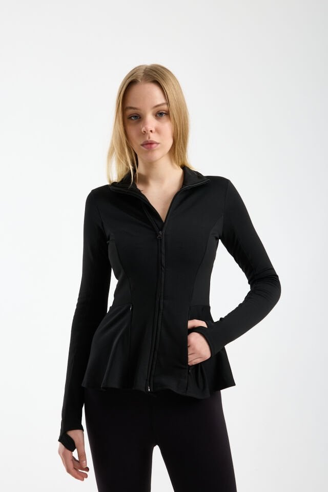 Kadın Kışlık Şardonlu Fermuarlı Dalgıç Kumaş Volanlı Spor Ceket 2XL - SİYAH