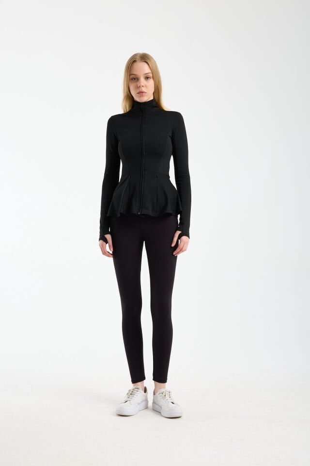 Kadın Kışlık Şardonlu Fermuarlı Dalgıç Kumaş Volanlı Spor Ceket 2XL - SİYAH