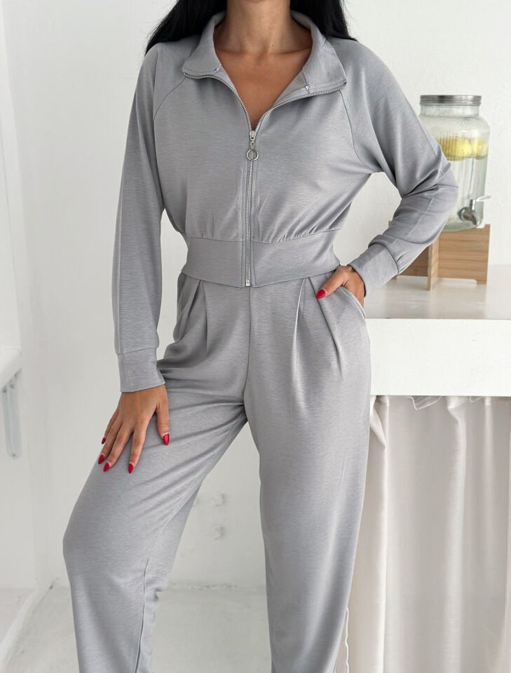 KADIN EŞOFMAN TAKIMI - GÜNLÜK TAKIM - GENİŞ MANŞETLİ FERMUARLI ALT ÜST TAKIM XL - AÇIK GRİ