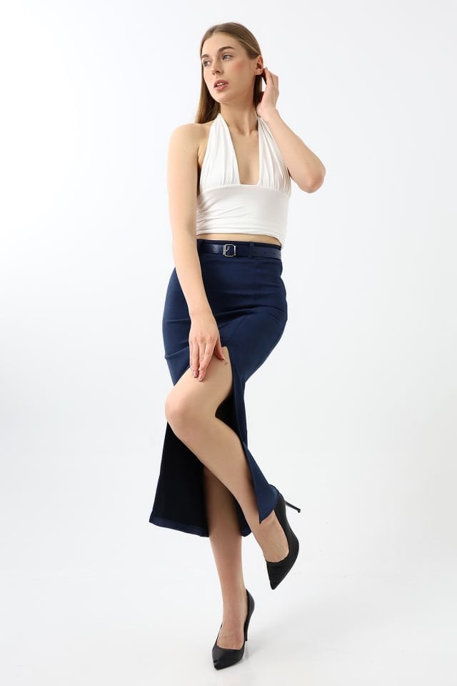 SÜET ETEK MAXİ BOY 92 CM ÖN YIRTMAÇLI /FRONT Slit MAXI LONG SUEDE SKIRT L - LACİVERT