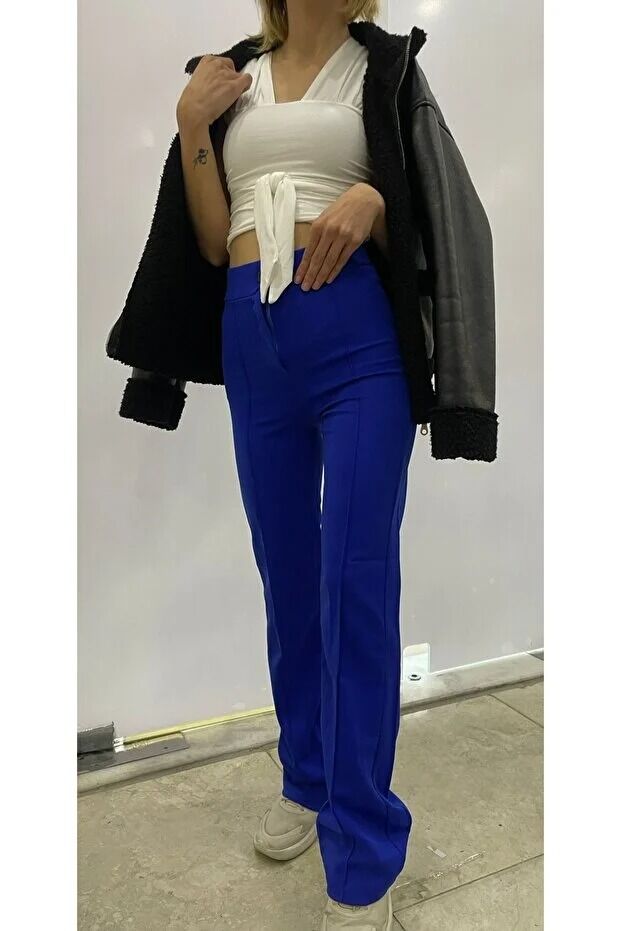 Kadın Önden Dikişli Likralı Kumaş Pantolon 1976 M - MAVİ