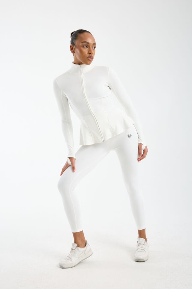 Kadın Kışlık Şardonlu Fermuarlı Dalgıç Kumaş Volanlı Spor Ceket 2XL - BEYAZ