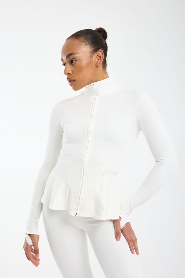 Kadın Kışlık Şardonlu Fermuarlı Dalgıç Kumaş Volanlı Spor Ceket 2XL - BEYAZ