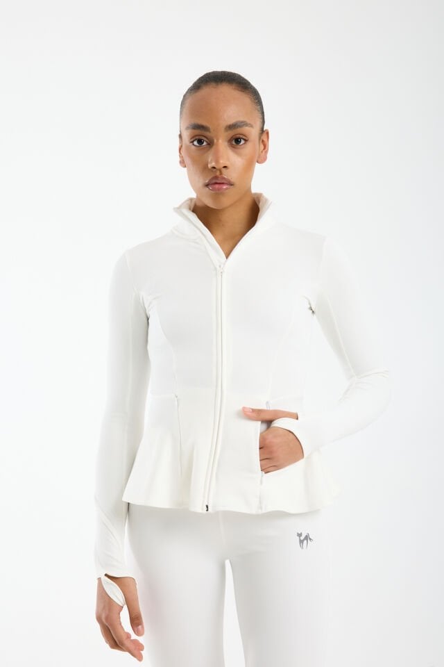 Kadın Kışlık Şardonlu Fermuarlı Dalgıç Kumaş Volanlı Spor Ceket 2XL - BEYAZ