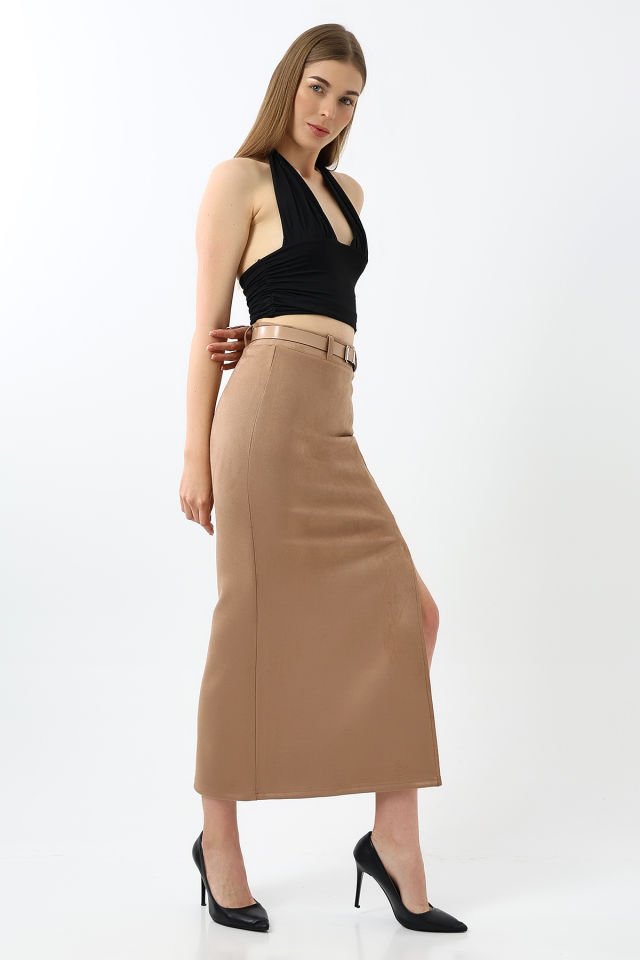 Kadın 92cm Ön Yıtmaçlı  Maxi Boy Süet Etek XS - TABA