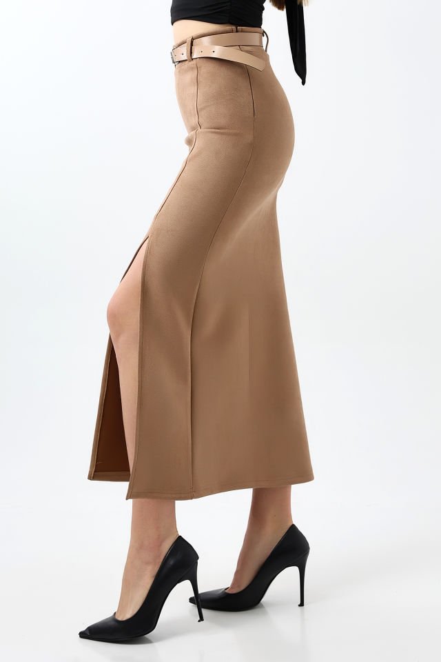 Kadın 92cm Ön Yıtmaçlı  Maxi Boy Süet Etek XS - TABA