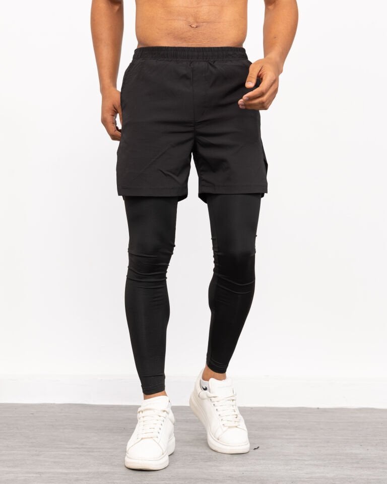 Winmoda İçten Uzun Taytlı Erkek Sporcu Şortu – Cepli Performans Model WM SİYAH - 2XL