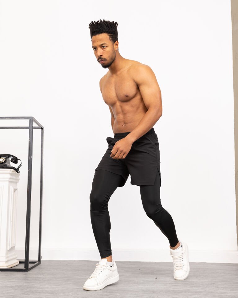 Winmoda İçten Uzun Taytlı Erkek Sporcu Şortu – Cepli Performans Model WM SİYAH - 2XL