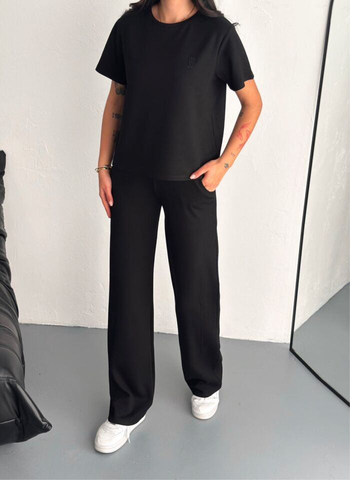 Kadın Tavşan Nakışlı Hafif Baggy  Kısa Kollu  Günlük Takım 2464 L - SİYAH