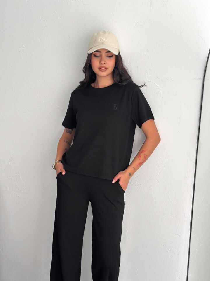 Kadın Tavşan Nakışlı Hafif Baggy  Kısa Kollu  Günlük Takım 2464 XL - SİYAH