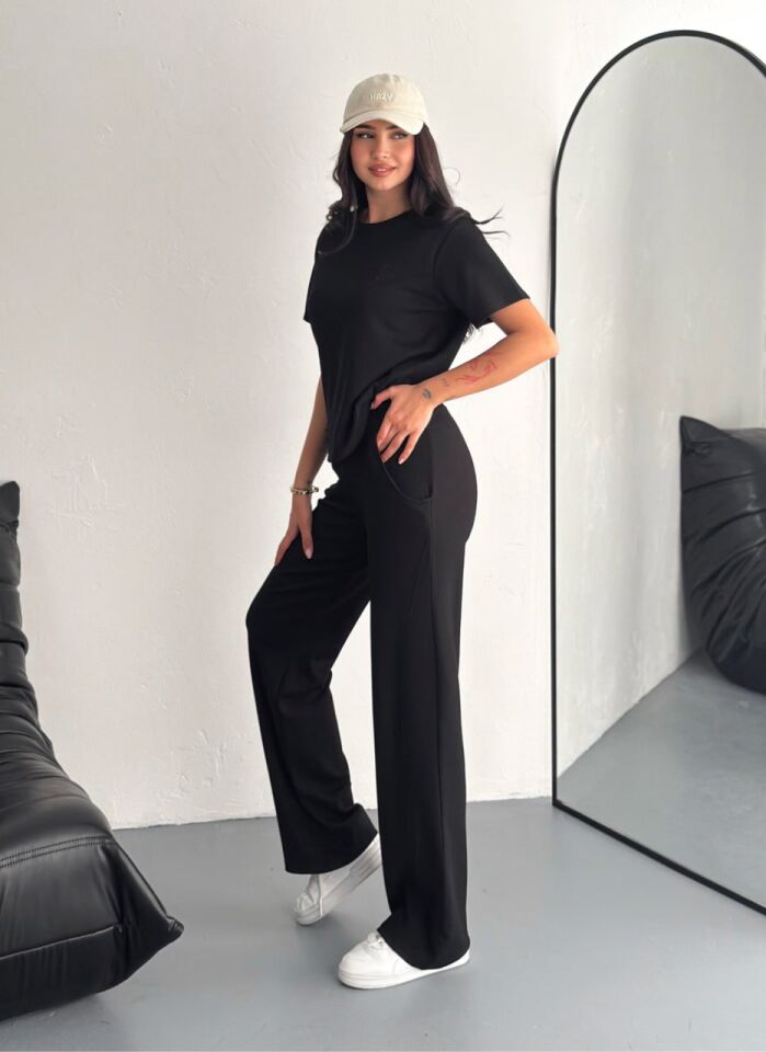 Kadın Tavşan Nakışlı Hafif Baggy  Kısa Kollu  Günlük Takım 2464 XL - SİYAH