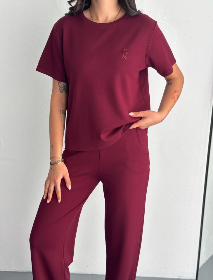 Kadın Tavşan Nakışlı Hafif Baggy  Kısa Kollu  Günlük Takım 2464 S - BORDO