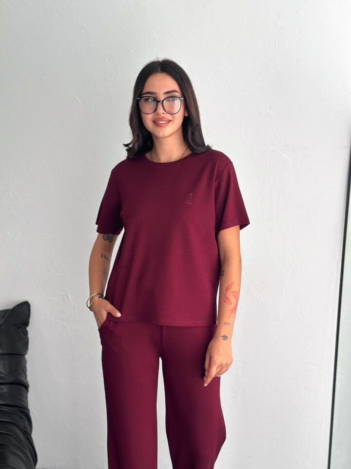 Kadın Tavşan Nakışlı Hafif Baggy  Kısa Kollu  Günlük Takım 2464 S - BORDO