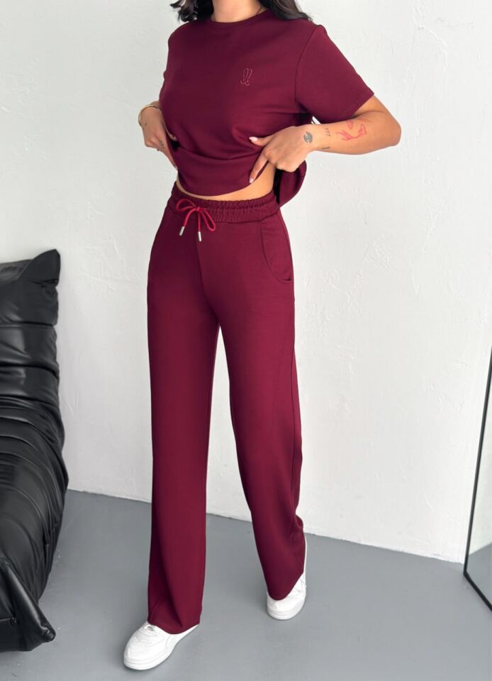 Kadın Tavşan Nakışlı Hafif Baggy  Kısa Kollu  Günlük Takım 2464 S - BORDO