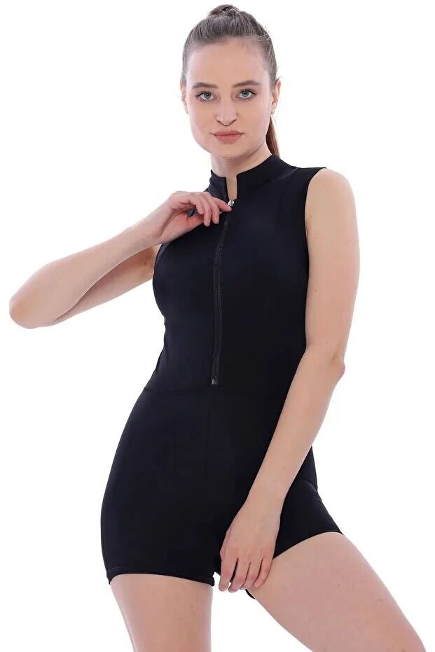 Kadın  Havuz ve Deniz  Yüzücü Şortlu Tulum XL - SİYAH SIFIR KOL