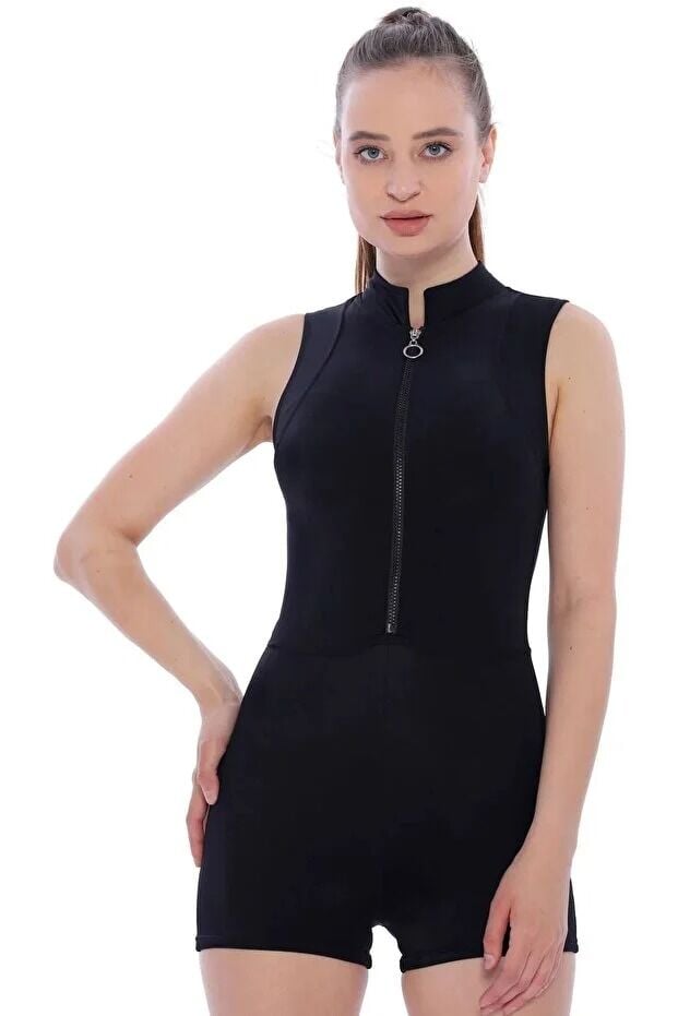 Kadın  Havuz ve Deniz  Yüzücü Şortlu Tulum 2XL - SİYAH SIFIR KOL