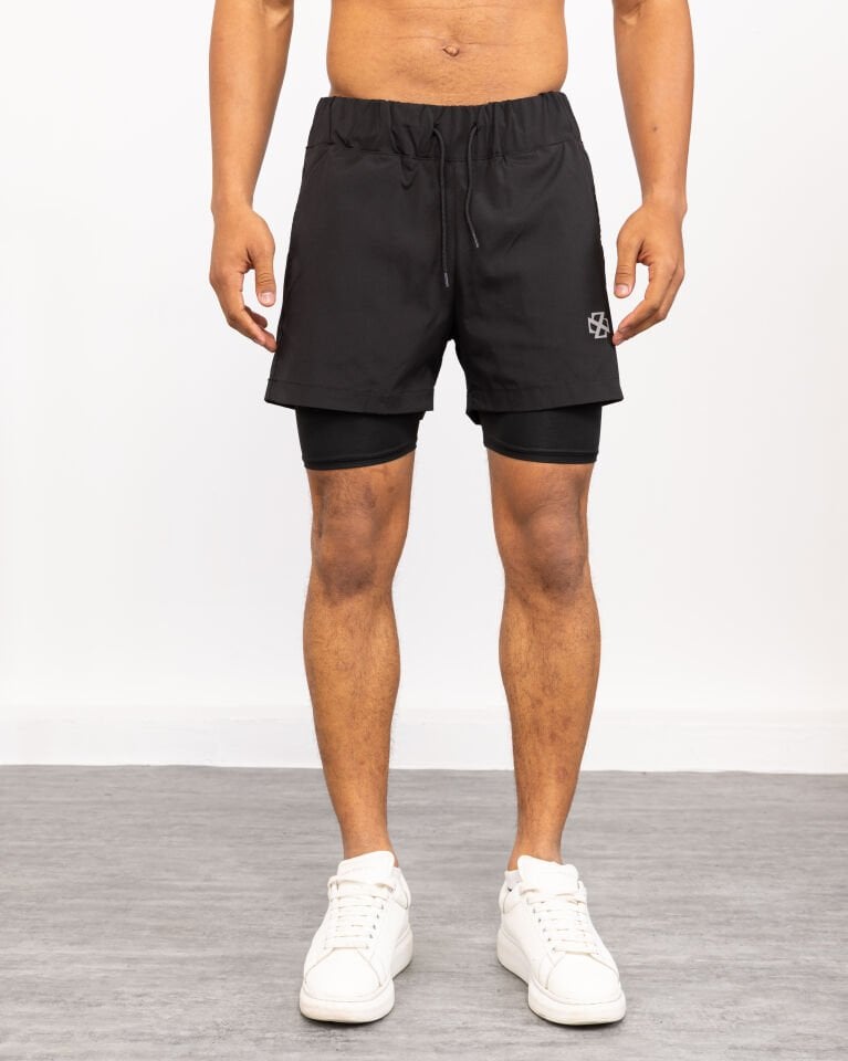 Winmoda İçten Taytlı Erkek Spor Şortu – Cepli Esnek Performans Model SİYAH - L