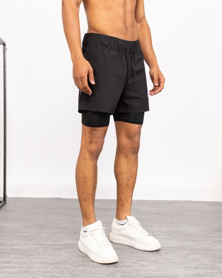 Winmoda İçten Taytlı Erkek Spor Şortu – Cepli Esnek Performans Model SİYAH - L