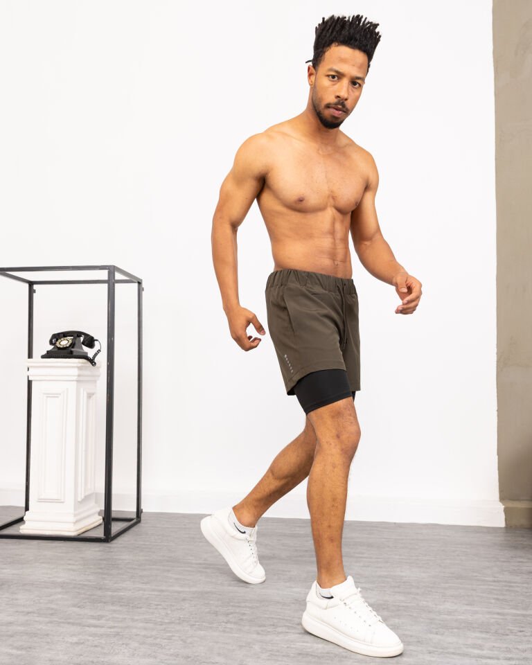 Winmoda İçten Taytlı Erkek Spor Şortu – Cepli Esnek Performans Model HAKİ  - L