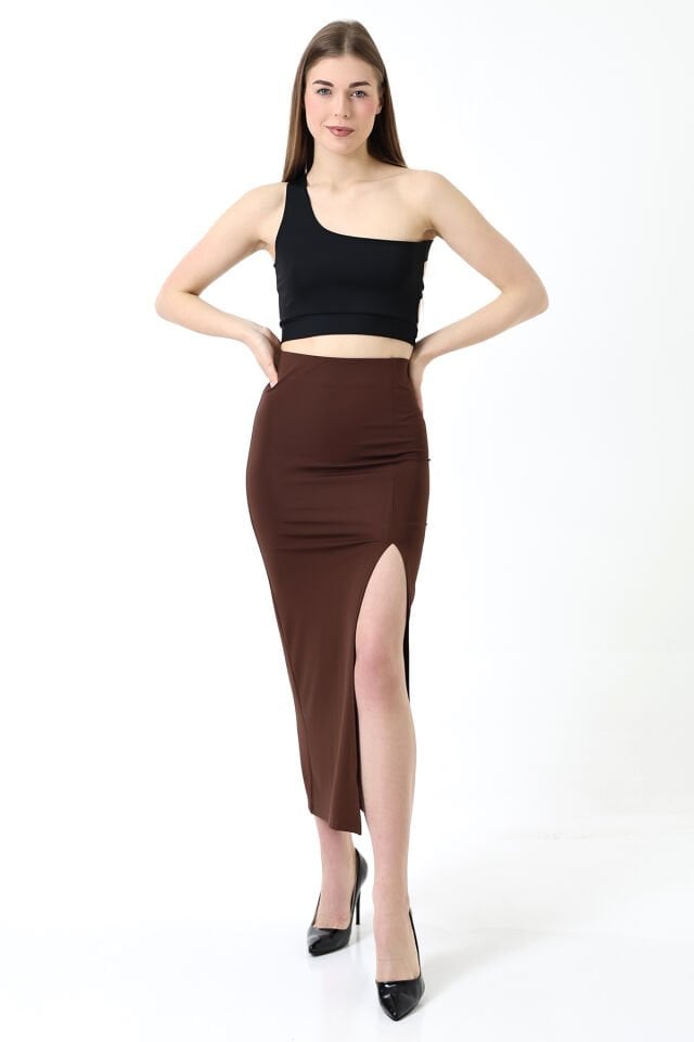 Dalgıç Kumaş Yırtmaçlı Uzun Etek Maxi Boy 92 Cm M - BEJ