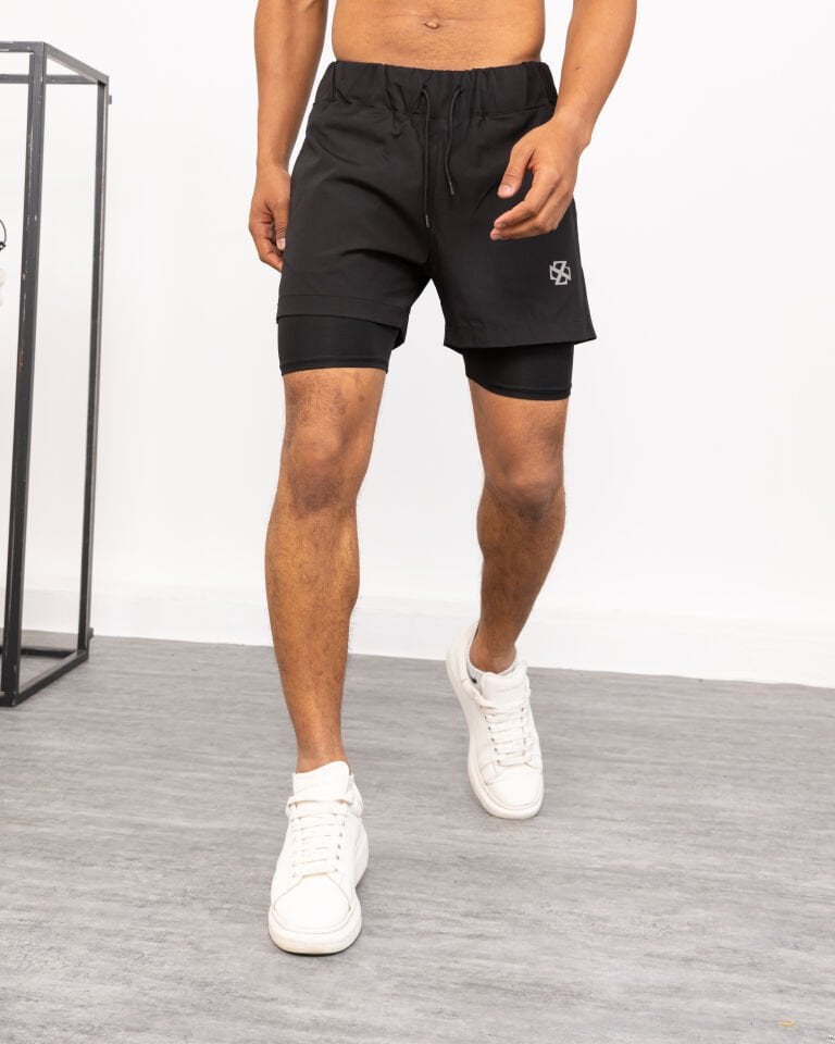 Winmoda İçten Taytlı Erkek Spor Şortu – Cepli Esnek Performans Model SİYAH - 2XL