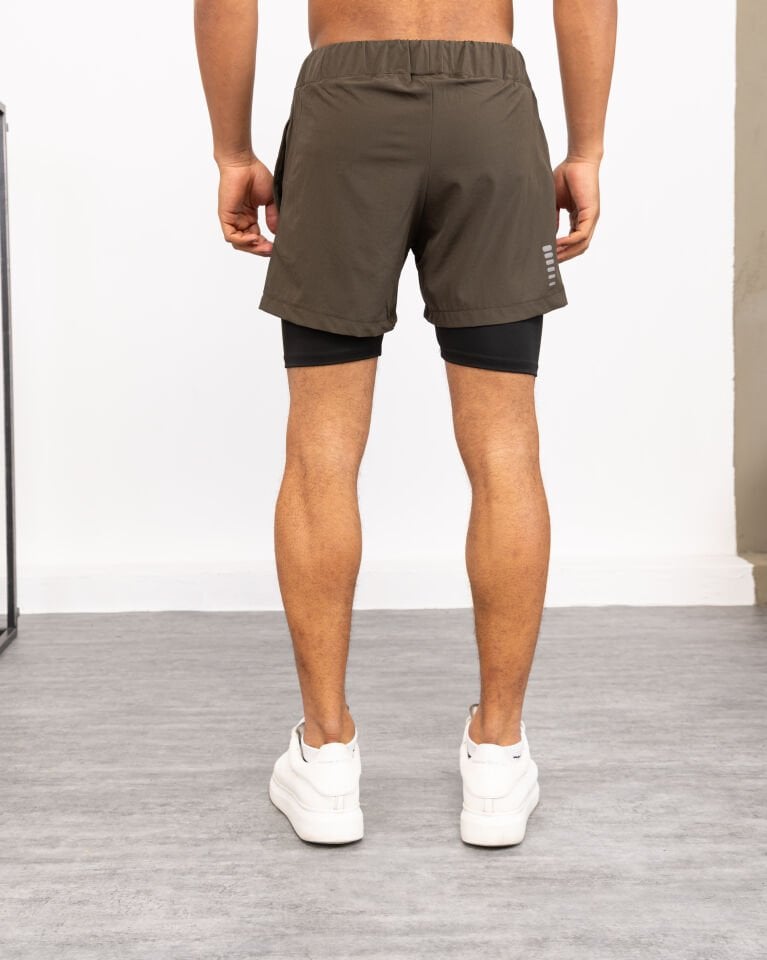 Winmoda İçten Taytlı Erkek Spor Şortu – Cepli Esnek Performans Model HAKİ  - 2XL