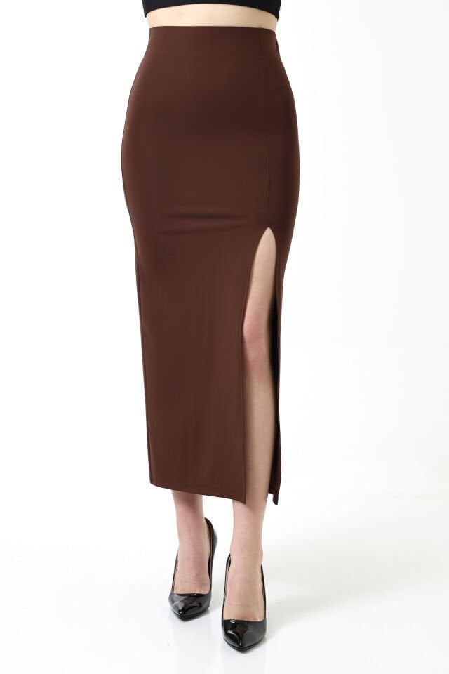 Kadın Maxi Boy 92cm Dalgıç Kumaş ve Yırtmaçlı Uzun Etek XS - KAHVERENGİ