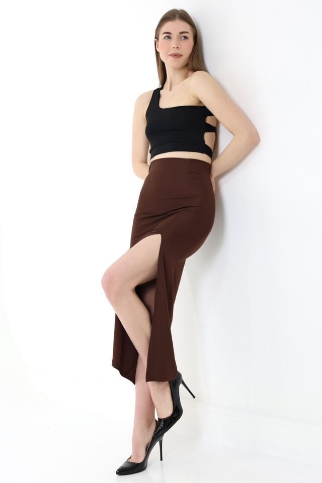 Kadın Maxi Boy 92cm Dalgıç Kumaş ve Yırtmaçlı Uzun Etek XS - KAHVERENGİ