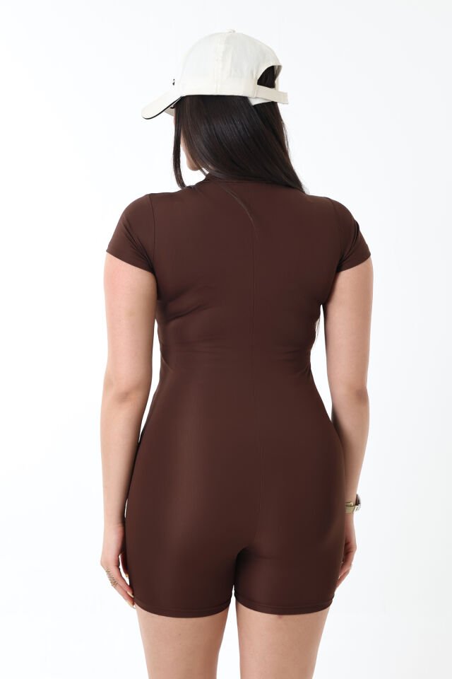 Kadın Fermuarlı Günlük  Deniz ve Havuz Şortlu Tulum XL - KAHVERENGİ