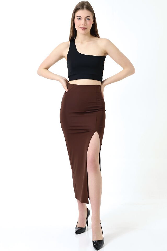 Dalgıç Kumaş Yırtmaçlı Uzun Etek Maxi Boy 92 Cm S - KAHVERENGİ