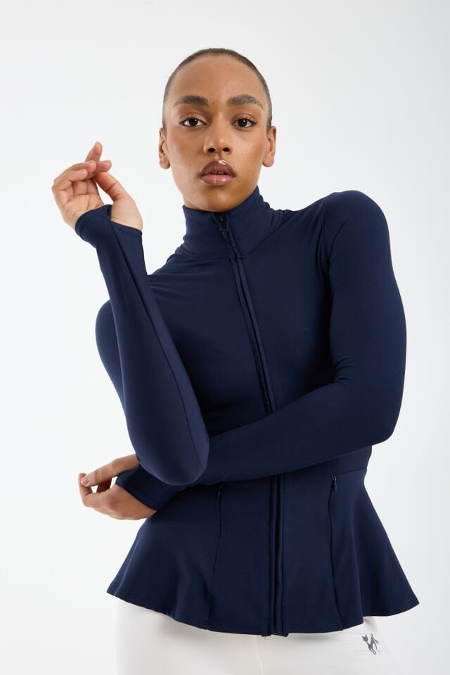 Kadın Dik Yaka Fermuarlı  Volan Detaylı Esnek Spor Ceket 2XL - LACİVERT