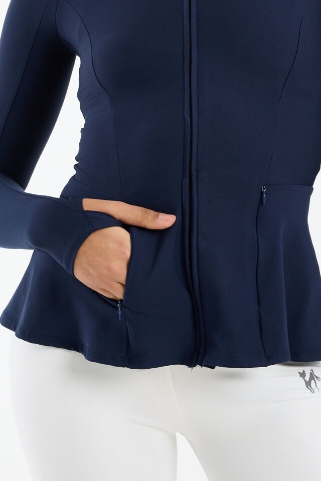 Kadın Dik Yaka Fermuarlı  Volan Detaylı Esnek Spor Ceket 2XL - LACİVERT